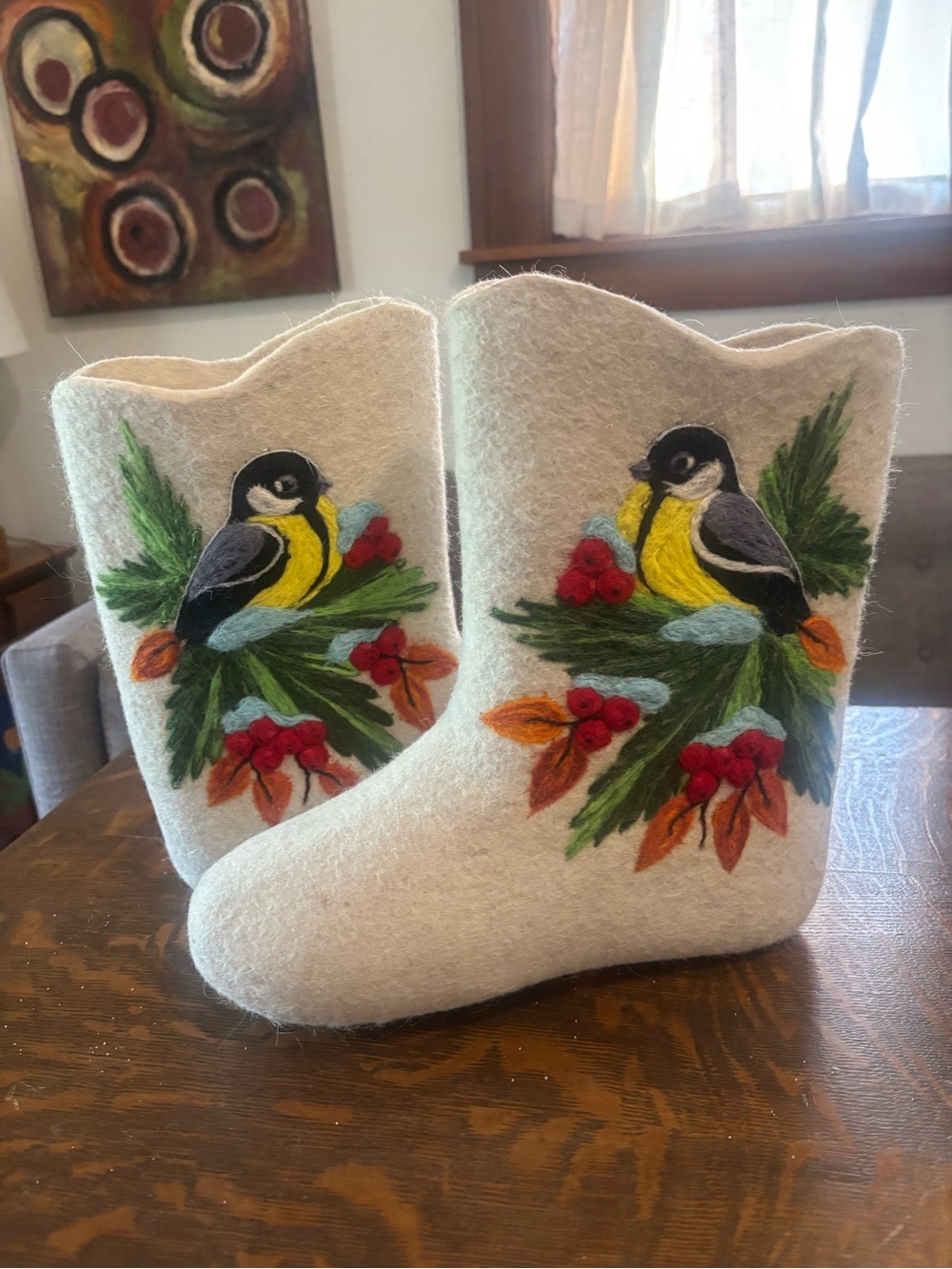 Handmade Felt Wool Boots with Bird & Berry Embroidery - Cream Valenki
